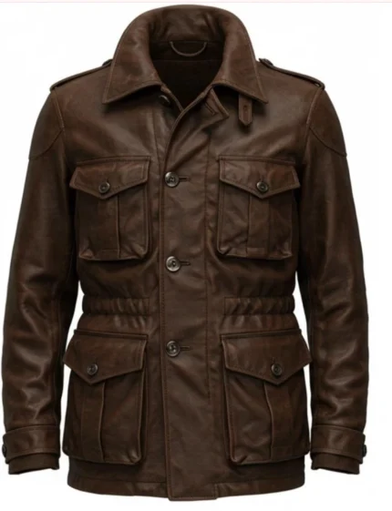 Hawkbound Men's Premium Brown Cowhide Leather Field Jacket with Four Utility Pockets and Button Front
