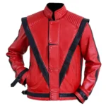 Michael Jackson Inspired Red Leather Jacket with red and black panels, quilted stand-up collar, snap-button front closure, and premium leather construction.