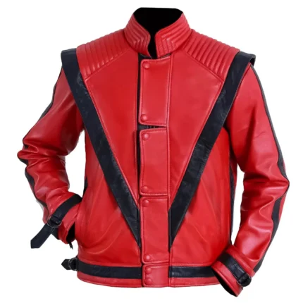 Michael Jackson Inspired Red Leather Jacket with red and black panels, quilted stand-up collar, snap-button front closure, and premium leather construction.