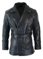 Men's Cross Zip Mid-Length CE Armour Biker Jacket in black genuine leather featuring an asymmetrical front zip, adjustable waist belt, zippered pockets, and CE-approved protective armour