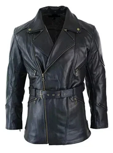 Men's Cross Zip Mid-Length CE Armour Biker Jacket in black genuine leather featuring an asymmetrical front zip, adjustable waist belt, zippered pockets, and CE-approved protective armour