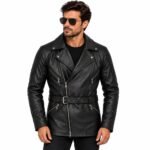 Black leather mid-length biker coat with cross-zip closure and belted waist