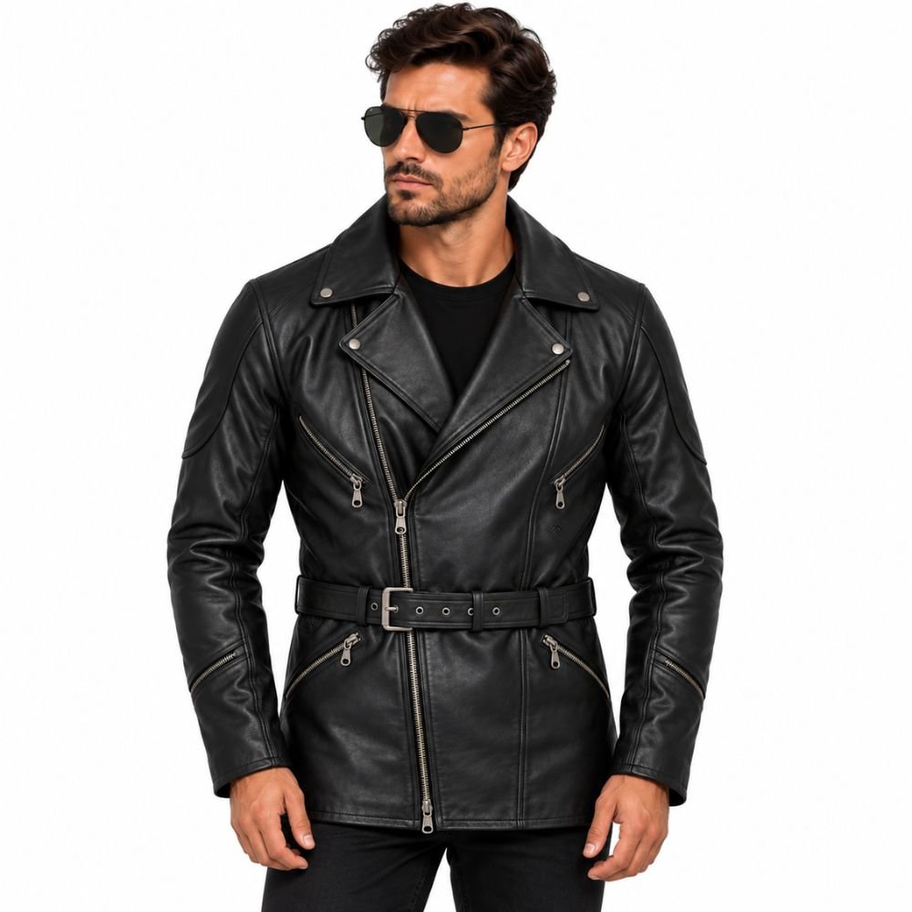 mens-cross-zip-mid-length-leather-biker-jacket Black leather mid-length biker coat with cross-zip closure and belted waist