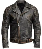 Men's Distressed Brown Leather Biker Jacket with asymmetrical zip closure, quilted shoulder panels, zippered pockets, and vintage genuine leather finish.