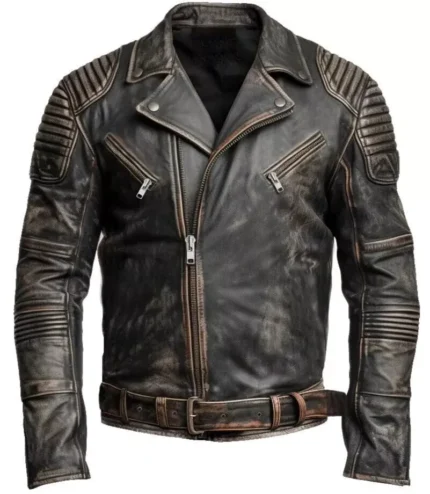Men's Distressed Brown Leather Biker Jacket with asymmetrical zip closure, quilted shoulder panels, zippered pockets, and vintage genuine leather finish.