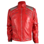 "Michael Jackson Inspired Red Leather Jacket featuring premium red leather, multiple silver zipper details, metallic shoulder panels, a stand-up collar, and front zipper closure."