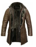 "RAF B3 Bomber Fur Shearling Sheepskin Leather Coat for men in brown with a hood, premium shearling lining, and genuine sheepskin leather for winter wear."