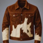 "Men's Genuine Cowhide Hair-On Leather Jacket in natural brown and white with a classic trucker design, button-front closure, shirt collar, and authentic hair-on cowhide finish."