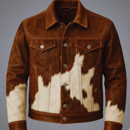 "Men's Genuine Cowhide Hair-On Leather Jacket in natural brown and white with a classic trucker design, button-front closure, shirt collar, and authentic hair-on cowhide finish."