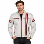 Men's white leather racing jacket with red and black stripe detailing and zip pockets