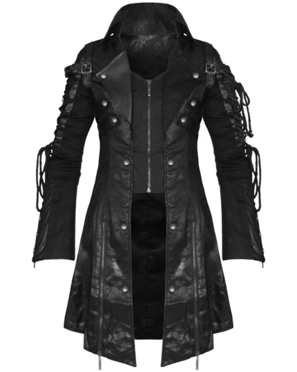 Y-349 Punk Men's Poison Black Jacket in premium black leather featuring an asymmetrical zipper, buckle straps, zip pockets, and a long biker-style design.