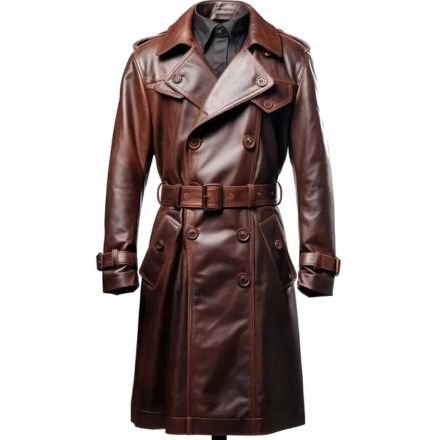 johnny-depp-inspired-vintage-brown-leather-trench-coat.jpg Johnny Depp Inspired Vintage Brown Leather Trench Coat with classic long design and vintage leather style.