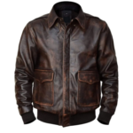 Matt Damon Inspired Brown Leather Aviator Jacket for men featuring premium vintage brown leather, front zip closure, shirt collar, flap pockets, and a classic bomber style.