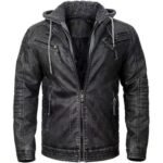 Pedro Pascal Inspired Black Hooded Leather Jacket for men in premium black leather with a removable hood and biker style.