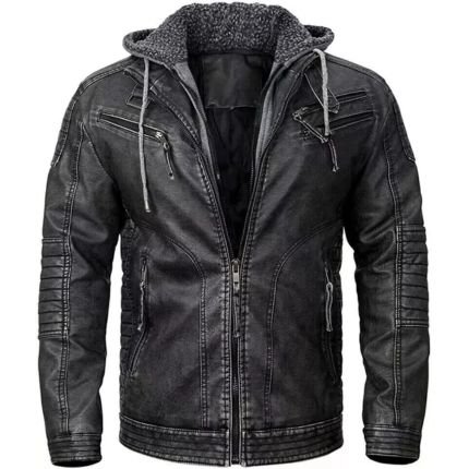 Pedro Pascal Inspired Black Hooded Leather Jacket for men in premium black leather with a removable hood and biker style.