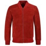 Men's Red Suede Bomber Jacket with Front Zipper, Rib Knit Cuffs, Soft Inner Lining, and Premium Suede Finish