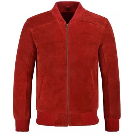 Men's Red Suede Bomber Jacket with Front Zipper, Rib Knit Cuffs, Soft Inner Lining, and Premium Suede Finish