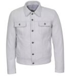 Men's White Leather Trucker Jacket with Button Front Closure, Shirt Collar, Chest Pockets, and Premium Leather Finish