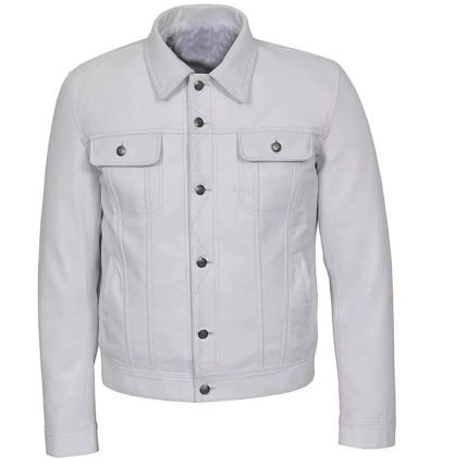 Men's White Leather Trucker Jacket with Button Front Closure, Shirt Collar, Chest Pockets, and Premium Leather Finish