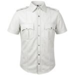 Alex Roe Inspired White Leather Shirt made from premium genuine leather with a classic short-sleeve design and button-up front.