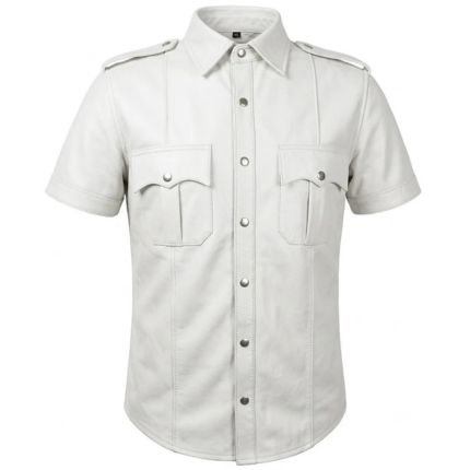 Alex Roe Inspired White Leather Shirt made from premium genuine leather with a classic short-sleeve design and button-up front.