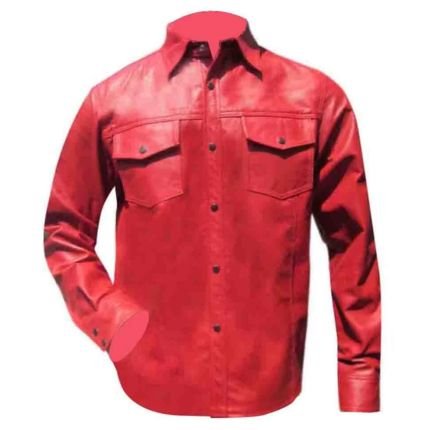 Future Inspired Red Leather Shirt with snap button front, shirt collar, dual flap chest pockets, and premium genuine leather finish.
