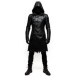 Men's Black Hooded Gothic Leather Trench Coat with oversized hood, buckle-front closure, quilted detailing, and long gothic-inspired silhouette