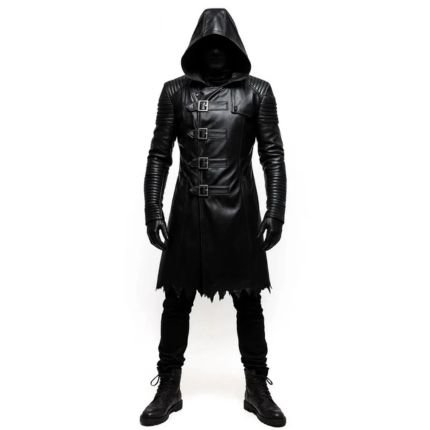 Men's Black Hooded Gothic Leather Trench Coat with oversized hood, buckle-front closure, quilted detailing, and long gothic-inspired silhouette