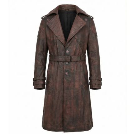 Men's Distressed Brown Leather Belted Long Coat with vintage finish, button front, and classic long overcoat design.