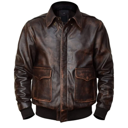 Matt Damon Inspired Brown Leather Aviator Jacket for men featuring premium vintage brown leather, front zip closure, shirt collar, flap pockets, and a classic bomber style.