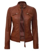 Angelina Jolie Inspired Brown Leather Biker Jacket crafted from premium genuine leather with an asymmetrical zipper, lapel collar, and tailored fit.