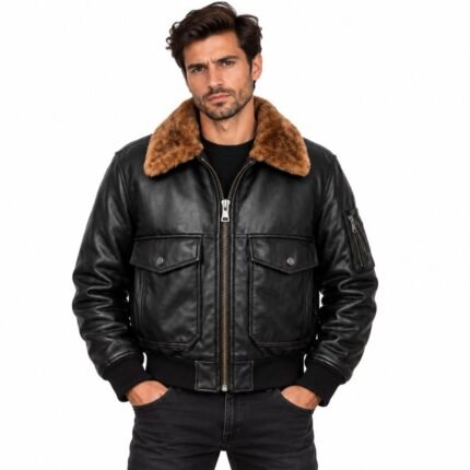Men's black leather bomber jacket with brown shearling collar and zippered pockets