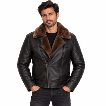 Men's black leather jacket with brown shearling collar and zip front