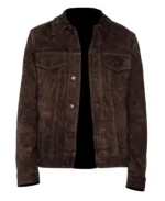 Brad Pitt Inspired Brown Suede Jacket crafted from premium brown suede leather with a button-front closure, shirt collar, and classic trucker design.