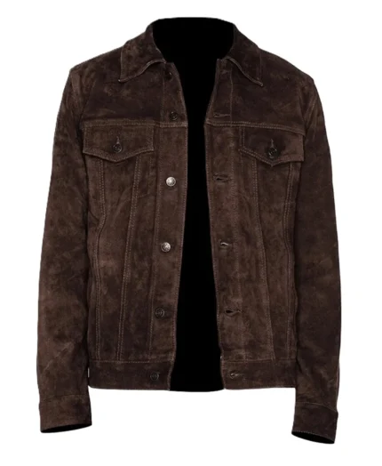 Brad Pitt Inspired Brown Suede Jacket crafted from premium brown suede leather with a button-front closure, shirt collar, and classic trucker design.