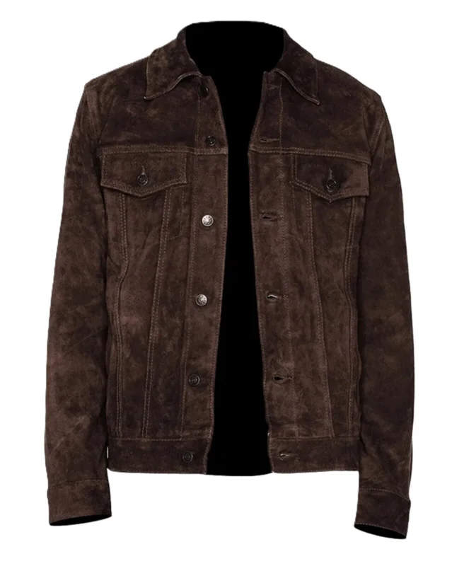 Brad Pitt Inspired Brown Suede Jacket crafted from premium brown suede leather with a button-front closure, shirt collar, and classic trucker design.