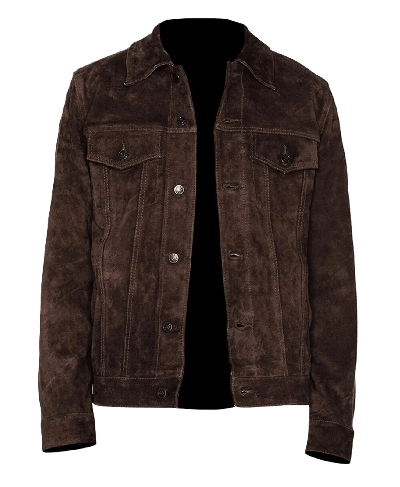 brad-pitt-inspired-brown-suede-jacket.webp Brad Pitt Inspired Brown Suede Jacket crafted from premium brown suede leather with a button-front closure, shirt collar, and classic trucker design.