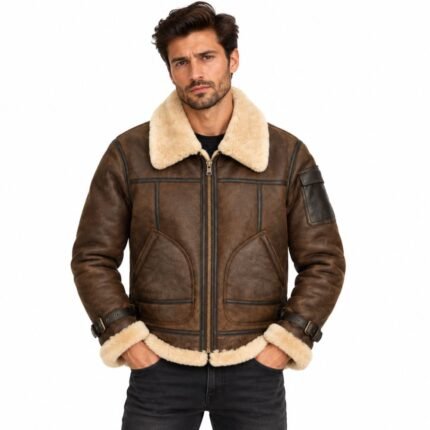 Men's brown B3 leather bomber jacket with cream shearling collar, cuffs, and hem