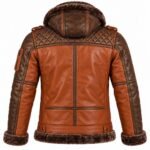 Brown leather jacket showing structured back panels, dark fur hem, hood, and detailed sleeve construction