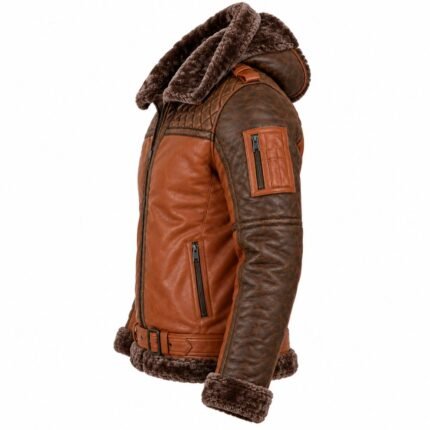 Brown leather jacket showing side panel construction, fur-trimmed hem, sleeve detailing, and hood profile