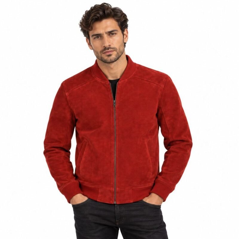 Red suede bomber jacket with ribbed collar, cuffs, hem, and front zipper