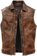 Charlie Hunnam inspired brown distressed leather biker vest for men with front zipper closure, shirt-style collar, and multiple utility pockets.