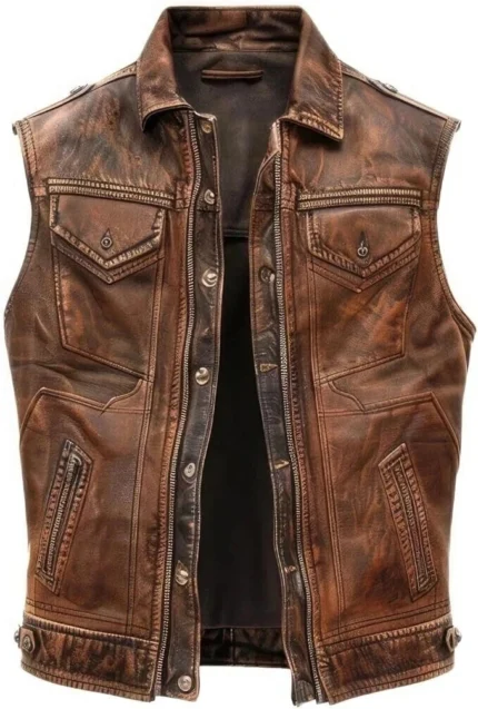 Charlie Hunnam inspired brown distressed leather biker vest for men with front zipper closure, shirt-style collar, and multiple utility pockets.
