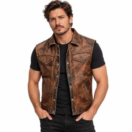 Charlie Hunnam inspired brown leather biker vest with distressed finish, snap-button closure, flap chest pockets, and zippered pockets