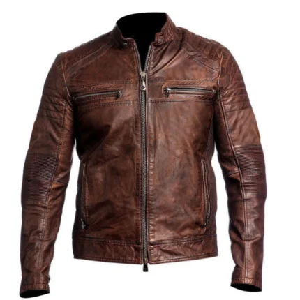 David Beckham inspired brown leather biker jacket for men with a slim-fit design, front zipper closure, lapel collar, and premium vintage brown finish.