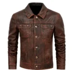 David Beckham Inspired Brown Leather Jacket in premium genuine leather featuring a shirt-style collar, button-front closure, flap chest pockets, and a vintage brown finish.