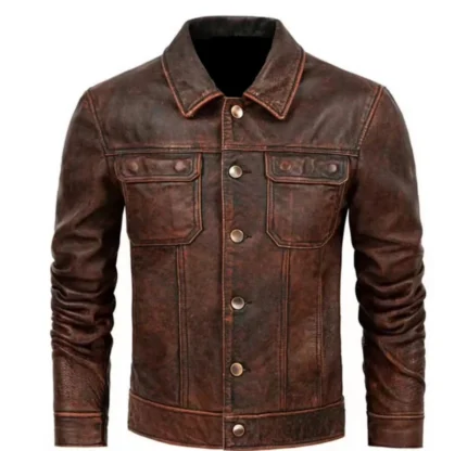 David Beckham Inspired Brown Leather Jacket in premium genuine leather featuring a shirt-style collar, button-front closure, flap chest pockets, and a vintage brown finish.