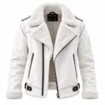 White leather shearling jacket featuring a soft fleece interior, wide lapels, silver zippers, zippered pockets, belt tabs and detailed stitching on a white background.