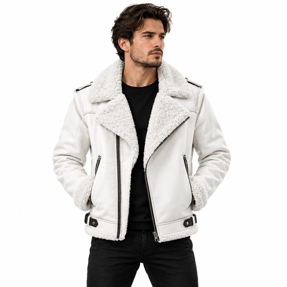 dua-lipa-inspired-white-shearling-leather-jacket White shearling leather jacket with plush fleece collar and cuffs, diagonal zipper, zip pockets, shoulder details and black hardware on a clean white background.