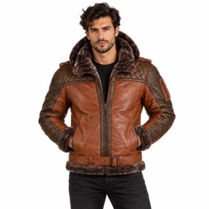 Man wearing a brown leather jacket with dark fur collar, quilted shoulder panels, and fur-trimmed cuffs and hem